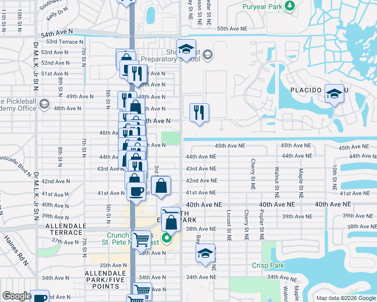 map of restaurants, bars, coffee shops, grocery stores, and more near 4430 1st Way Northeast in St. Petersburg