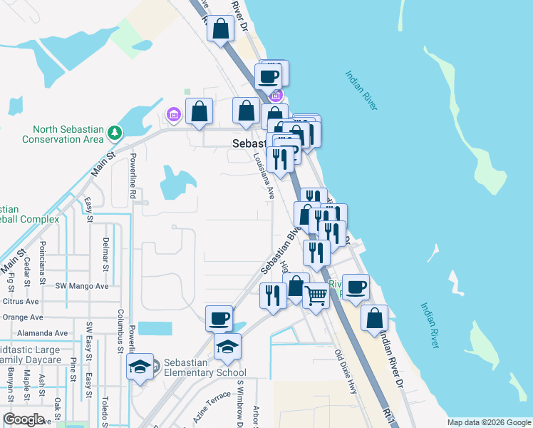 map of restaurants, bars, coffee shops, grocery stores, and more near 1025 Foster Road in Sebastian