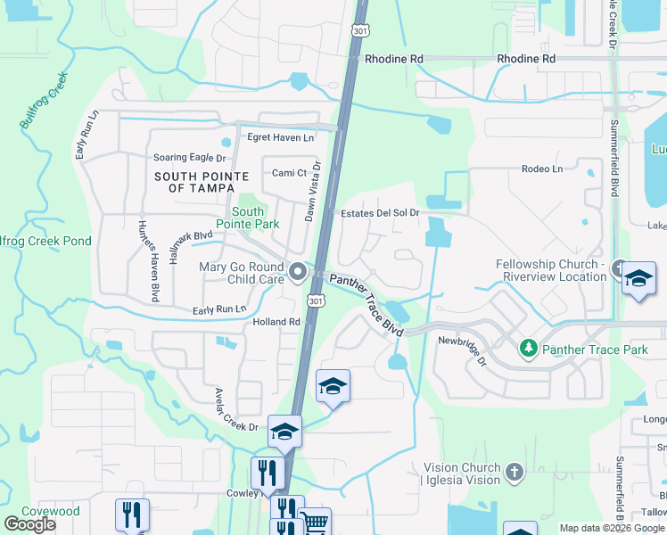 map of restaurants, bars, coffee shops, grocery stores, and more near 12373 Foxmoor Peak Drive in Riverview