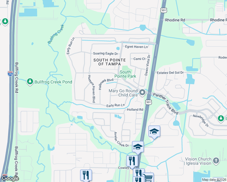 map of restaurants, bars, coffee shops, grocery stores, and more near 12517 Midpointe Drive in Riverview
