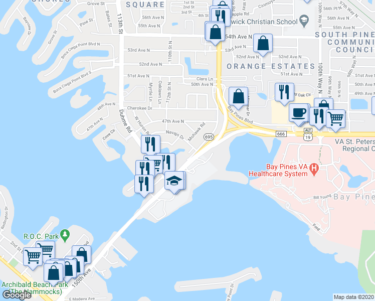 map of restaurants, bars, coffee shops, grocery stores, and more near 10821 Navajo Drive in St. Petersburg