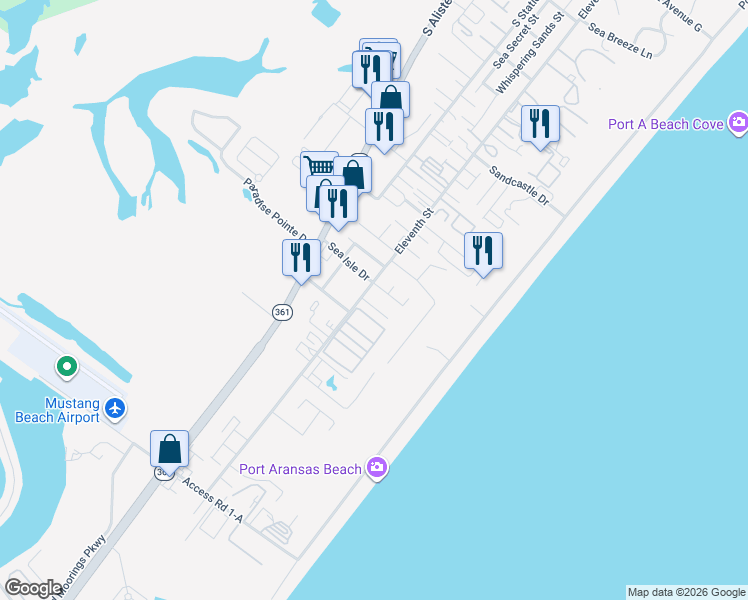 map of restaurants, bars, coffee shops, grocery stores, and more near 603 Sand Key Drive in Port Aransas