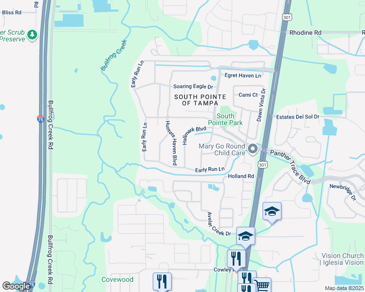 map of restaurants, bars, coffee shops, grocery stores, and more near 10424 Hallmark Boulevard in Riverview