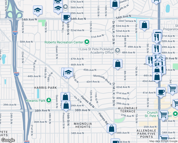 map of restaurants, bars, coffee shops, grocery stores, and more near 1219 45th Avenue North in St. Petersburg
