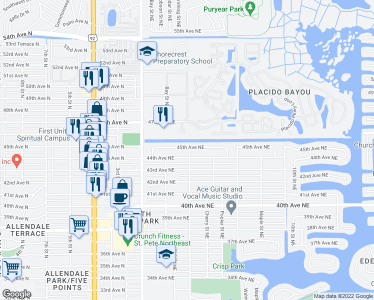 map of restaurants, bars, coffee shops, grocery stores, and more near 296 45th Avenue Northeast in St. Petersburg
