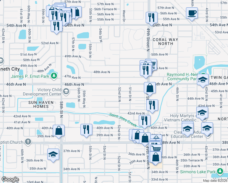 map of restaurants, bars, coffee shops, grocery stores, and more near 5263 45th Avenue North in St. Petersburg