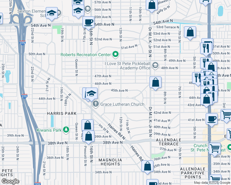 map of restaurants, bars, coffee shops, grocery stores, and more near 1219 45th Avenue North in St. Petersburg