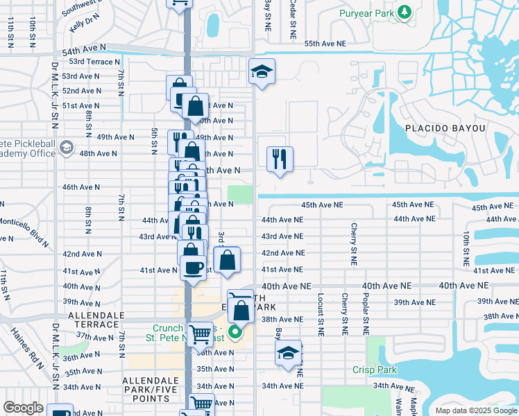 map of restaurants, bars, coffee shops, grocery stores, and more near 119 45th Avenue North in St. Petersburg