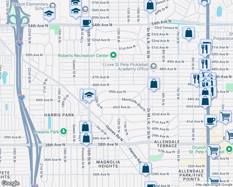 map of restaurants, bars, coffee shops, grocery stores, and more near 1219 45th Avenue North in St. Petersburg