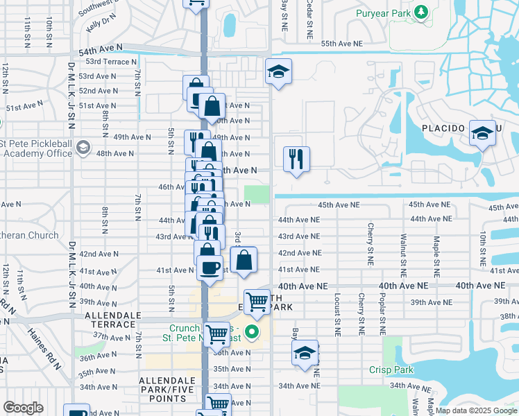 map of restaurants, bars, coffee shops, grocery stores, and more near 120 45th Avenue North in St. Petersburg