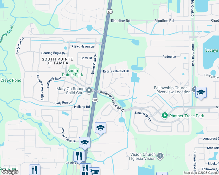map of restaurants, bars, coffee shops, grocery stores, and more near 12443 Foxmoor Peak Drive in Riverview