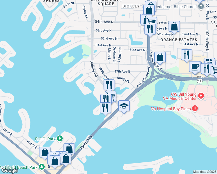map of restaurants, bars, coffee shops, grocery stores, and more near 4455 Duhme Road in St. Petersburg