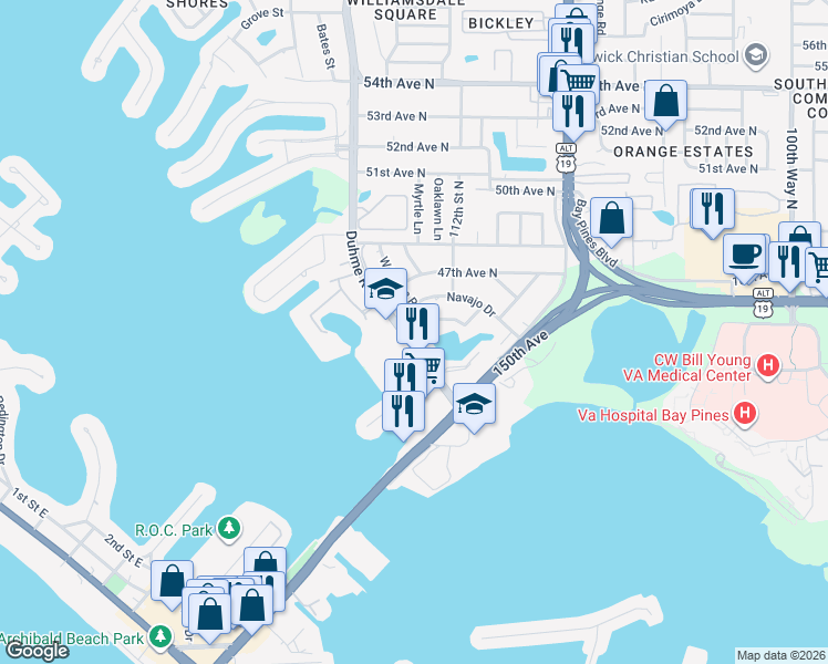 map of restaurants, bars, coffee shops, grocery stores, and more near 11084 Huron Road in St. Petersburg