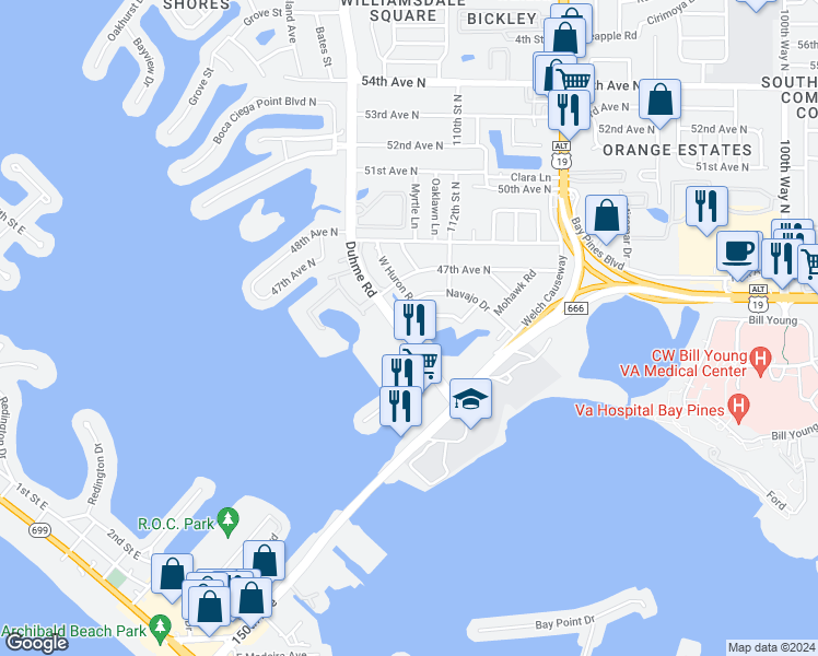 map of restaurants, bars, coffee shops, grocery stores, and more near 4455 Duhme Road in St. Petersburg