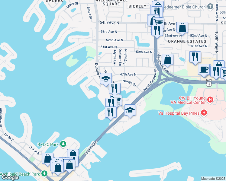 map of restaurants, bars, coffee shops, grocery stores, and more near 4455 Duhme Road in St. Petersburg