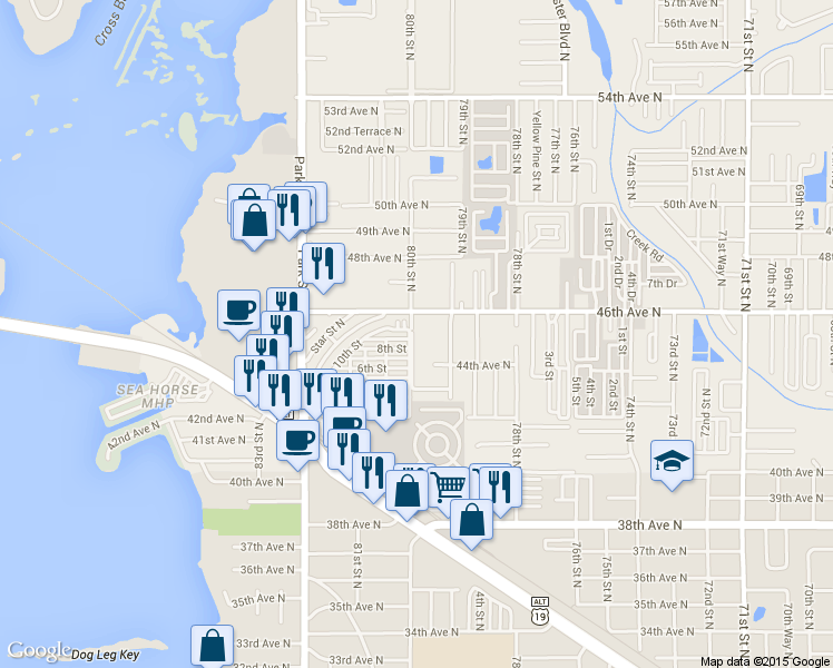map of restaurants, bars, coffee shops, grocery stores, and more near 7970 46th Avenue North in St. Petersburg