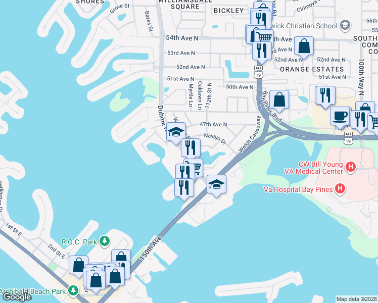 map of restaurants, bars, coffee shops, grocery stores, and more near 11086 Huron Road in St. Petersburg