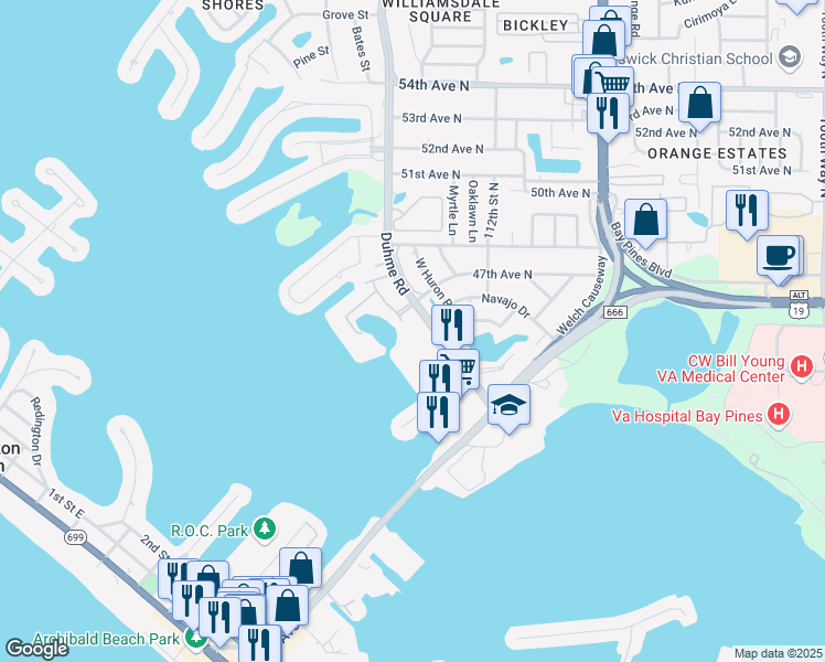 map of restaurants, bars, coffee shops, grocery stores, and more near 4575 Cove Circle in St. Petersburg