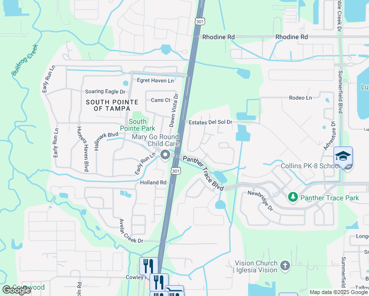 map of restaurants, bars, coffee shops, grocery stores, and more near 12373 Foxmoor Peak Drive in Riverview