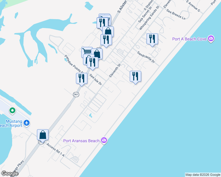 map of restaurants, bars, coffee shops, grocery stores, and more near 649 Pez Vela in Port Aransas