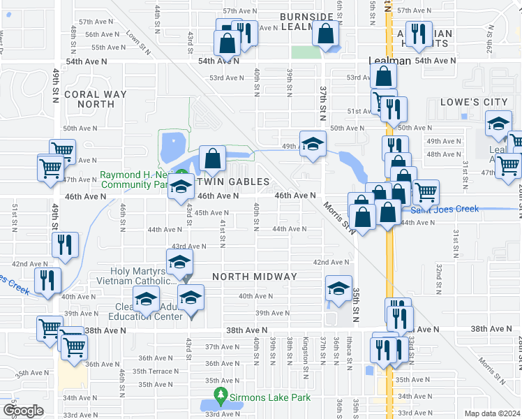 map of restaurants, bars, coffee shops, grocery stores, and more near 3993 45th Ave N in West and East Lealman