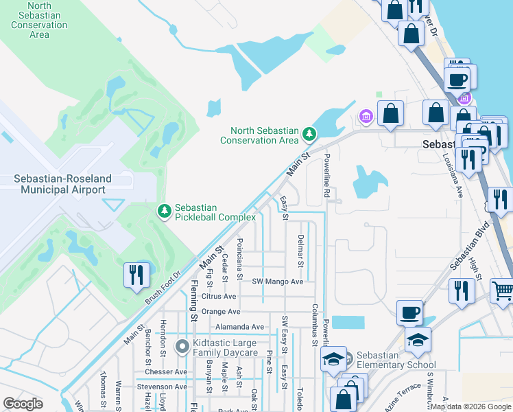 map of restaurants, bars, coffee shops, grocery stores, and more near 150 Main Street in Sebastian