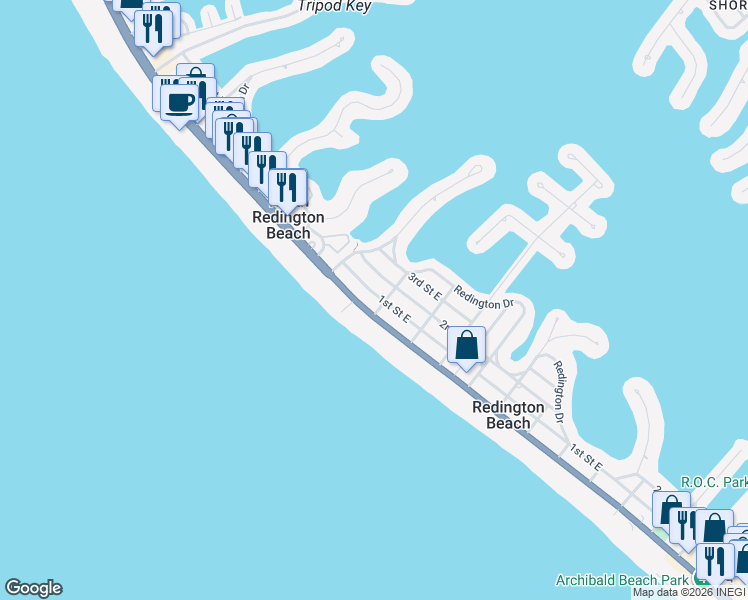 map of restaurants, bars, coffee shops, grocery stores, and more near 16306 1st Street East in Redington Beach
