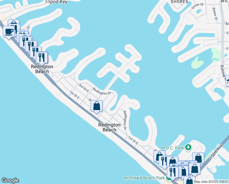 map of restaurants, bars, coffee shops, grocery stores, and more near 16033 Redington Drive in Redington Beach