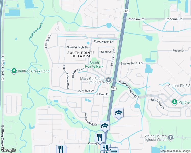 map of restaurants, bars, coffee shops, grocery stores, and more near 10519 Walker Vista Drive in Riverview