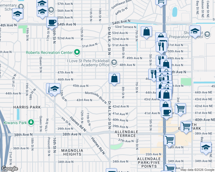 map of restaurants, bars, coffee shops, grocery stores, and more near 4500 Doctor Martin Luther King Junior Street North in St. Petersburg