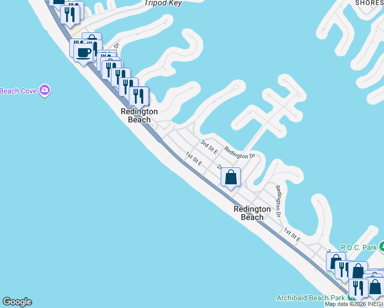 map of restaurants, bars, coffee shops, grocery stores, and more near 101 163rd Avenue in Redington Beach