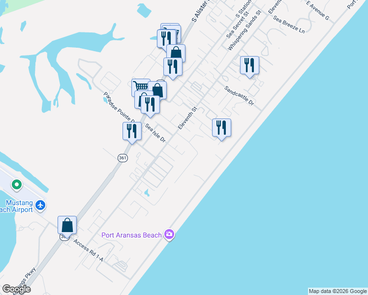 map of restaurants, bars, coffee shops, grocery stores, and more near 649 Pez Vela in Port Aransas