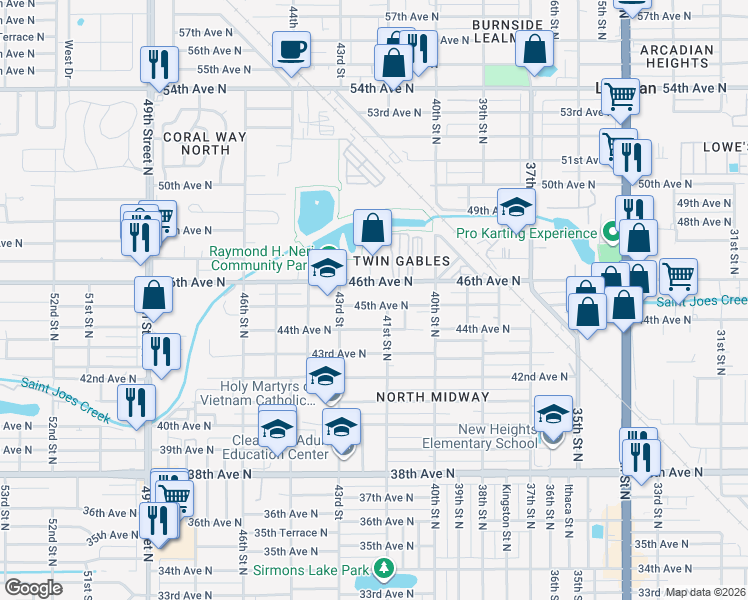 map of restaurants, bars, coffee shops, grocery stores, and more near 4179 45th Avenue North in St. Petersburg