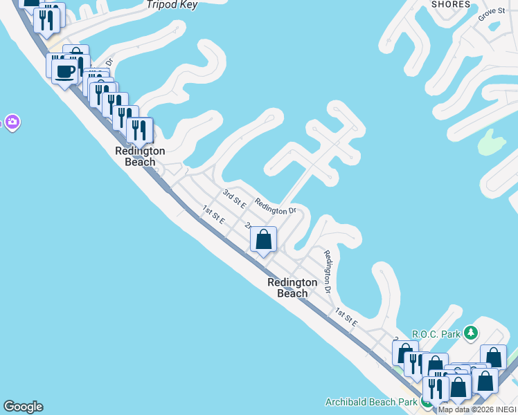 map of restaurants, bars, coffee shops, grocery stores, and more near 16110 Redington Drive in Redington Beach
