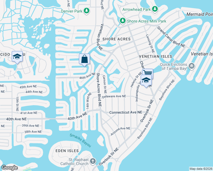 map of restaurants, bars, coffee shops, grocery stores, and more near 4491 Carson Street Northeast in St. Petersburg