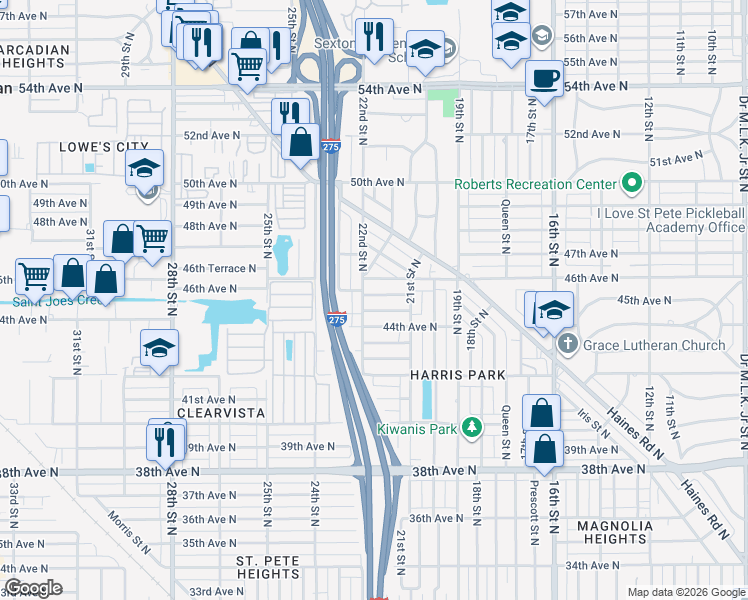 map of restaurants, bars, coffee shops, grocery stores, and more near 2134 Salem Avenue North in St. Petersburg