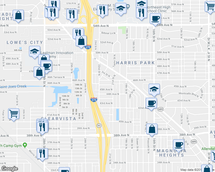 map of restaurants, bars, coffee shops, grocery stores, and more near 2134 Salem Avenue North in St. Petersburg