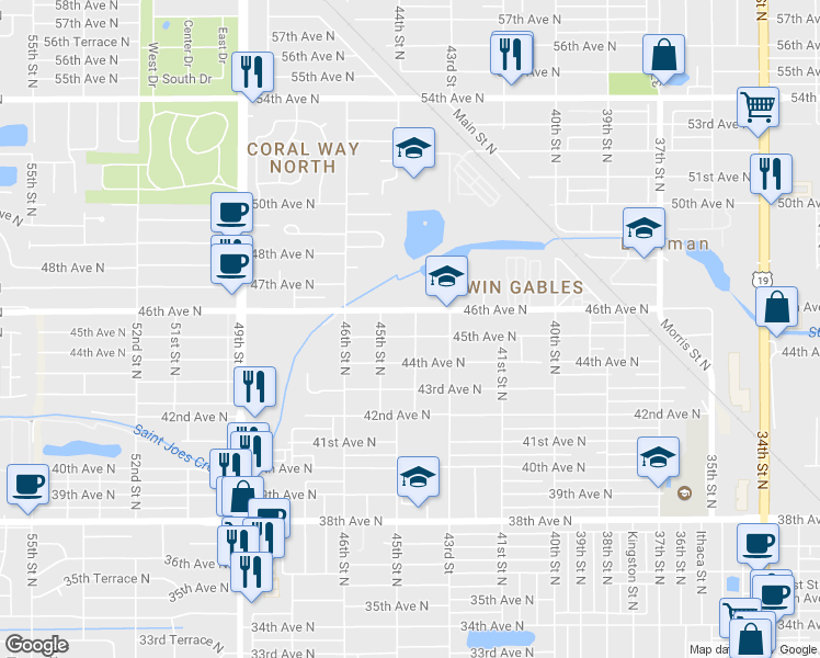 map of restaurants, bars, coffee shops, grocery stores, and more near 4510 44th Street North in Lealman