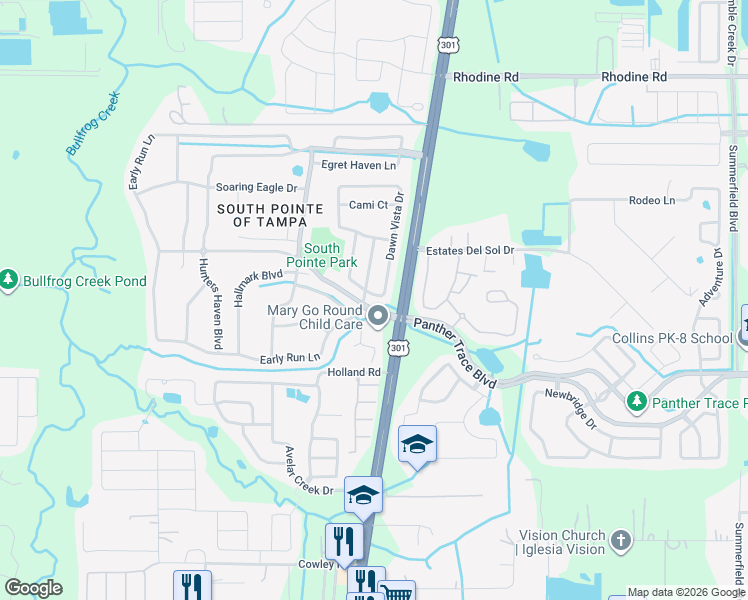 map of restaurants, bars, coffee shops, grocery stores, and more near 12440 Dawn Vista Drive in Riverview