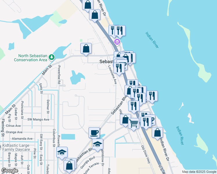 map of restaurants, bars, coffee shops, grocery stores, and more near 1025 Foster Road in Sebastian