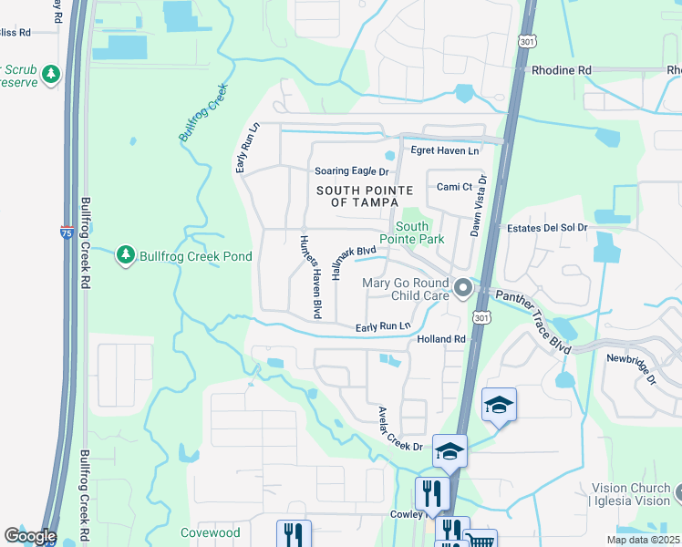 map of restaurants, bars, coffee shops, grocery stores, and more near 10429 Hallmark Boulevard in Riverview