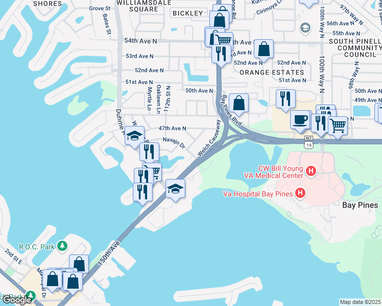 map of restaurants, bars, coffee shops, grocery stores, and more near 10821 Navajo Drive in St. Petersburg