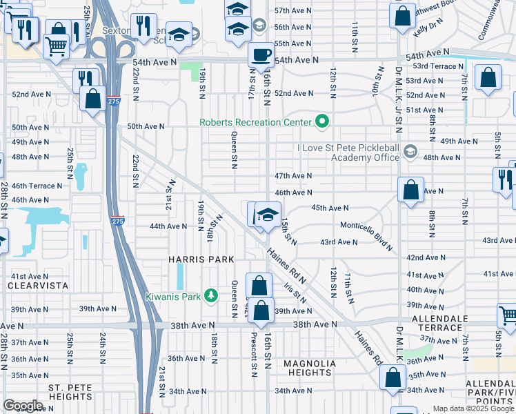 map of restaurants, bars, coffee shops, grocery stores, and more near 4426 Crestwood Drive North in St. Petersburg