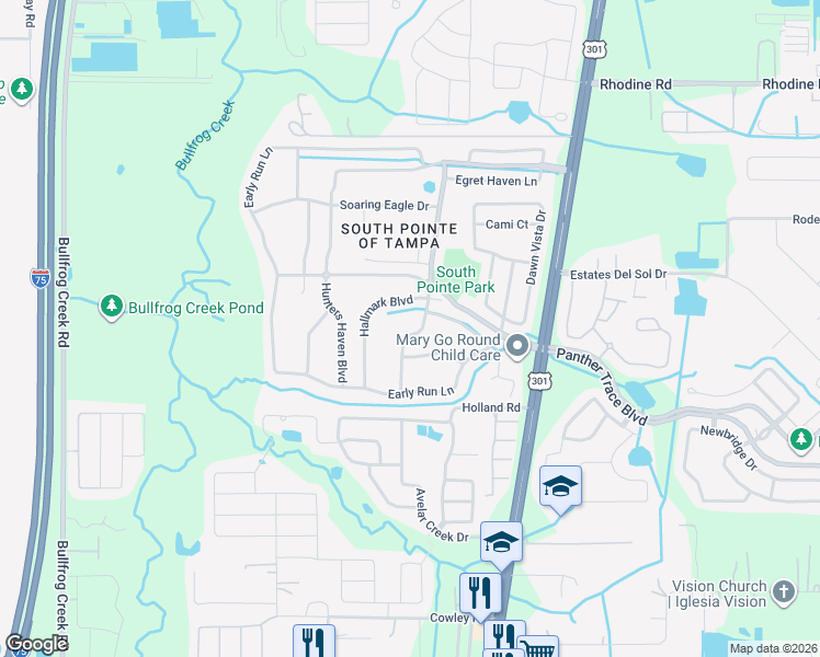 map of restaurants, bars, coffee shops, grocery stores, and more near 12517 Midpointe Drive in Riverview