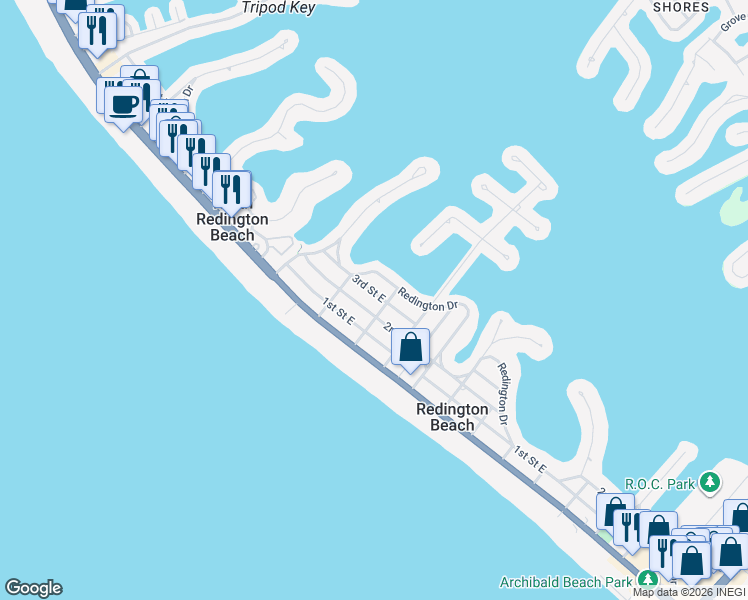 map of restaurants, bars, coffee shops, grocery stores, and more near 16207 2nd Street East in Redington Beach
