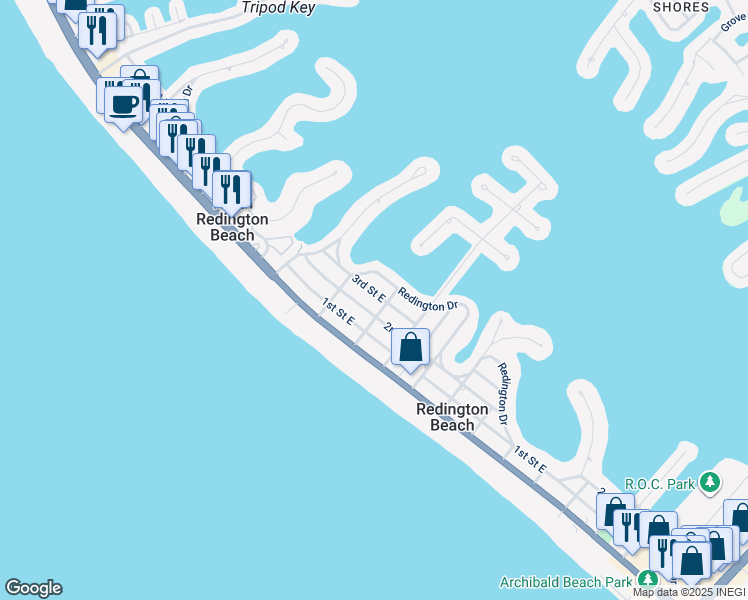 map of restaurants, bars, coffee shops, grocery stores, and more near 16207 2nd Street East in Redington Beach