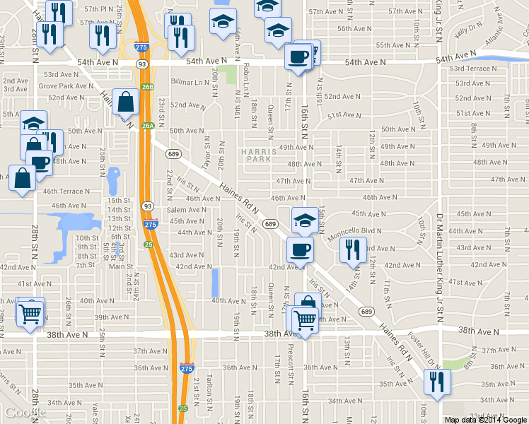 map of restaurants, bars, coffee shops, grocery stores, and more near 4465 Haines Road North in St. Petersburg