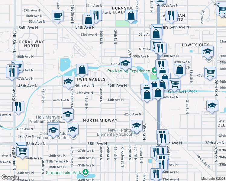 map of restaurants, bars, coffee shops, grocery stores, and more near 3885 45th Ave N in St Petersburg