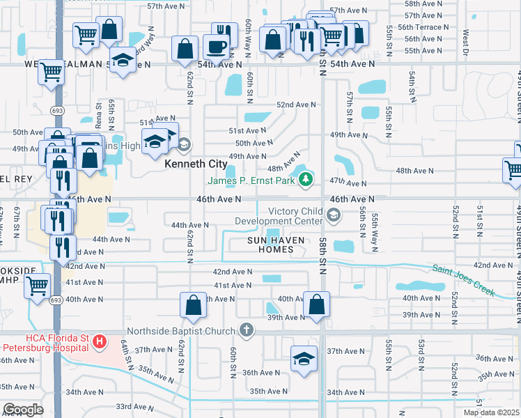map of restaurants, bars, coffee shops, grocery stores, and more near 5997 45th Avenue North in St. Petersburg