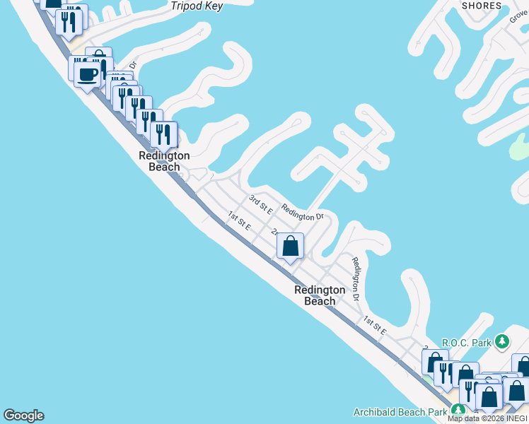 map of restaurants, bars, coffee shops, grocery stores, and more near 16204 3rd Street East in Redington Beach